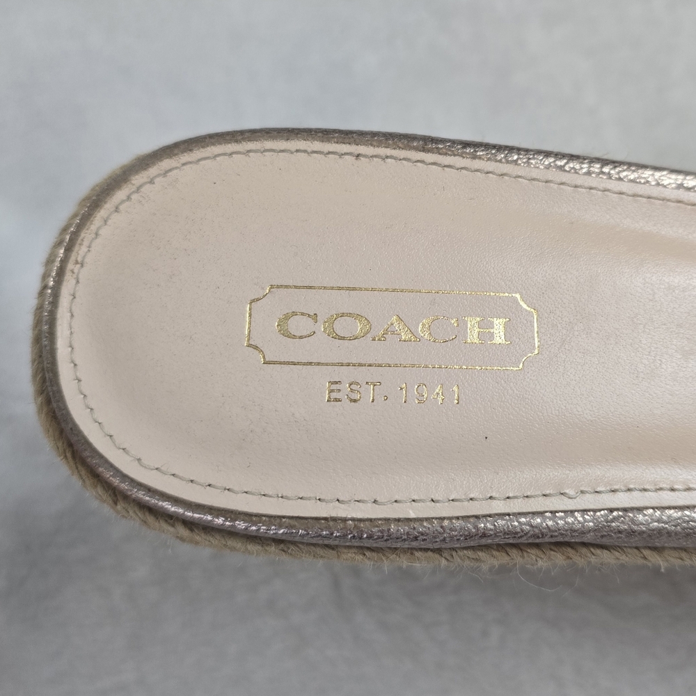 Women's Coach Wedge Heel Shoes Beige Leather Platform Slides Size 10 Gold Logo - Picture 5 of 7